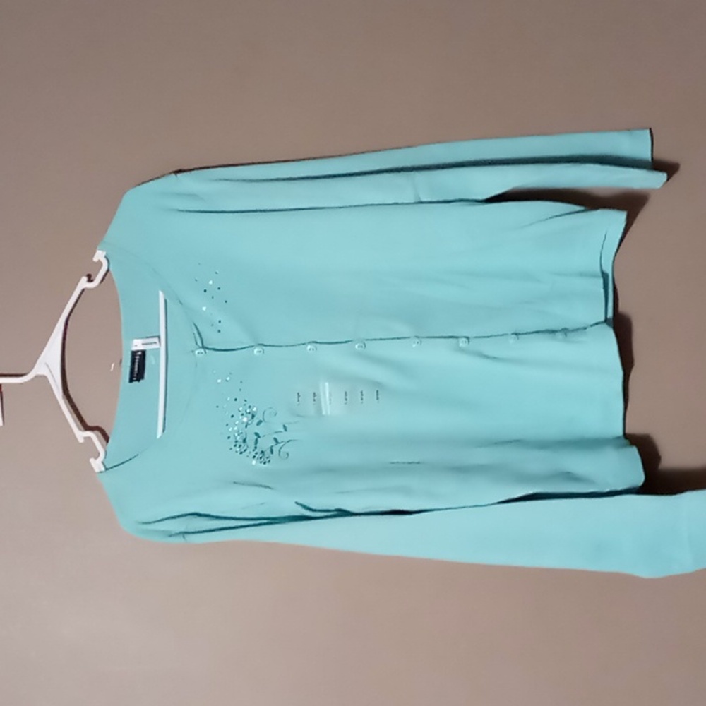 Trilogy Blue Full Button Cardigan "Drifting Wishes" Flower Embellishment L NWOT